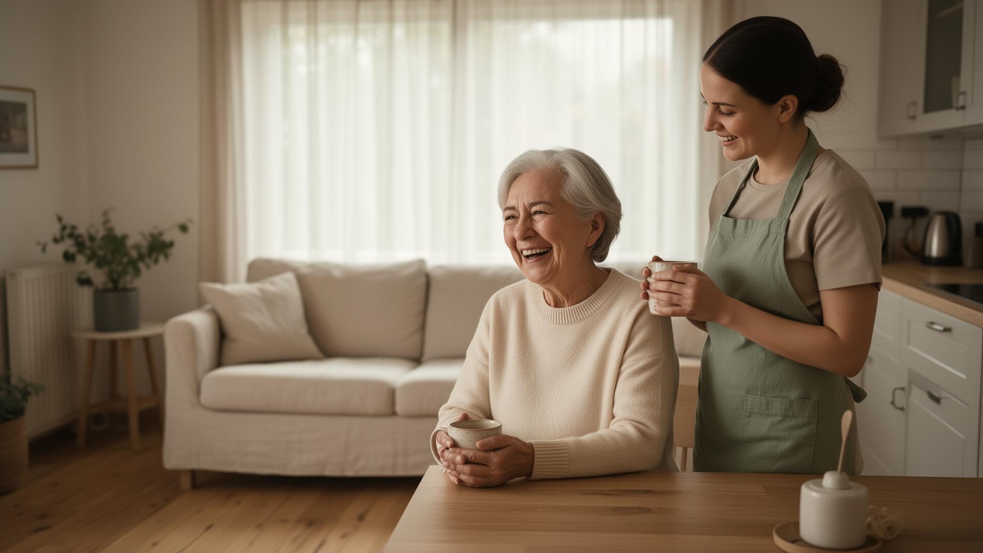 Haushaltshilfe begleitet eine Seniorin in ihrem Zuhause